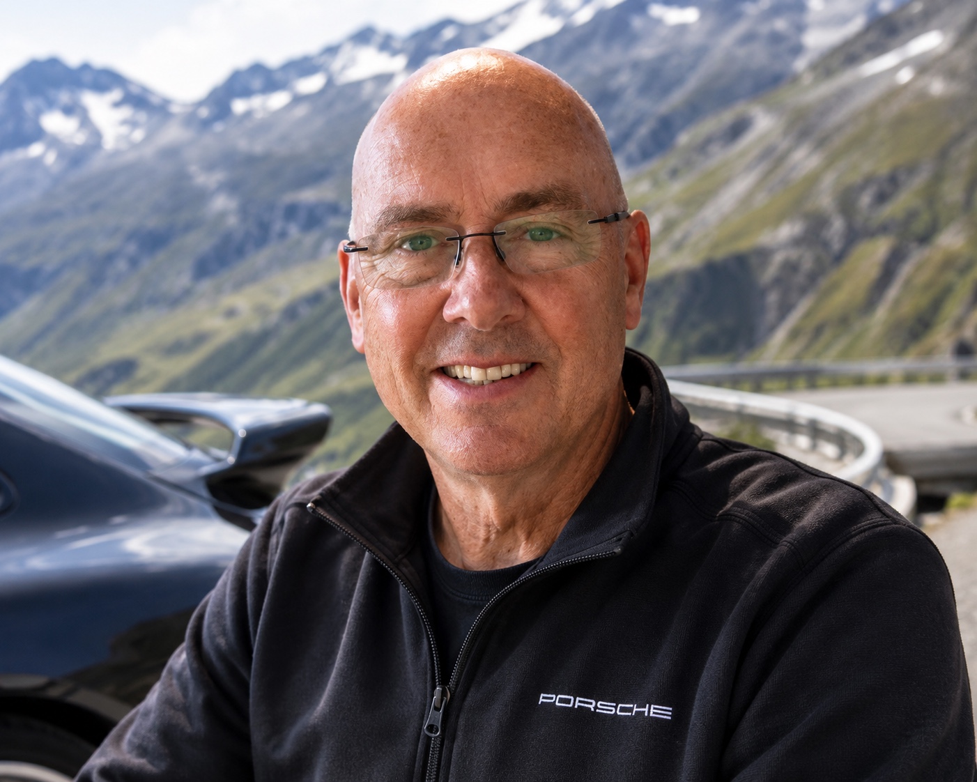 Ian Braastad i svart Porsche-jakke i Alpene