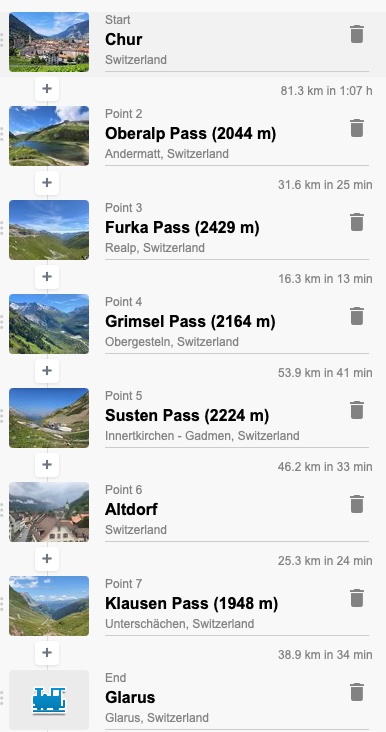 Oversikt over stoppene Chur, Oberalp, Furka, Grimsel, Susten, Altdorf, Klausenpasset og Glarus