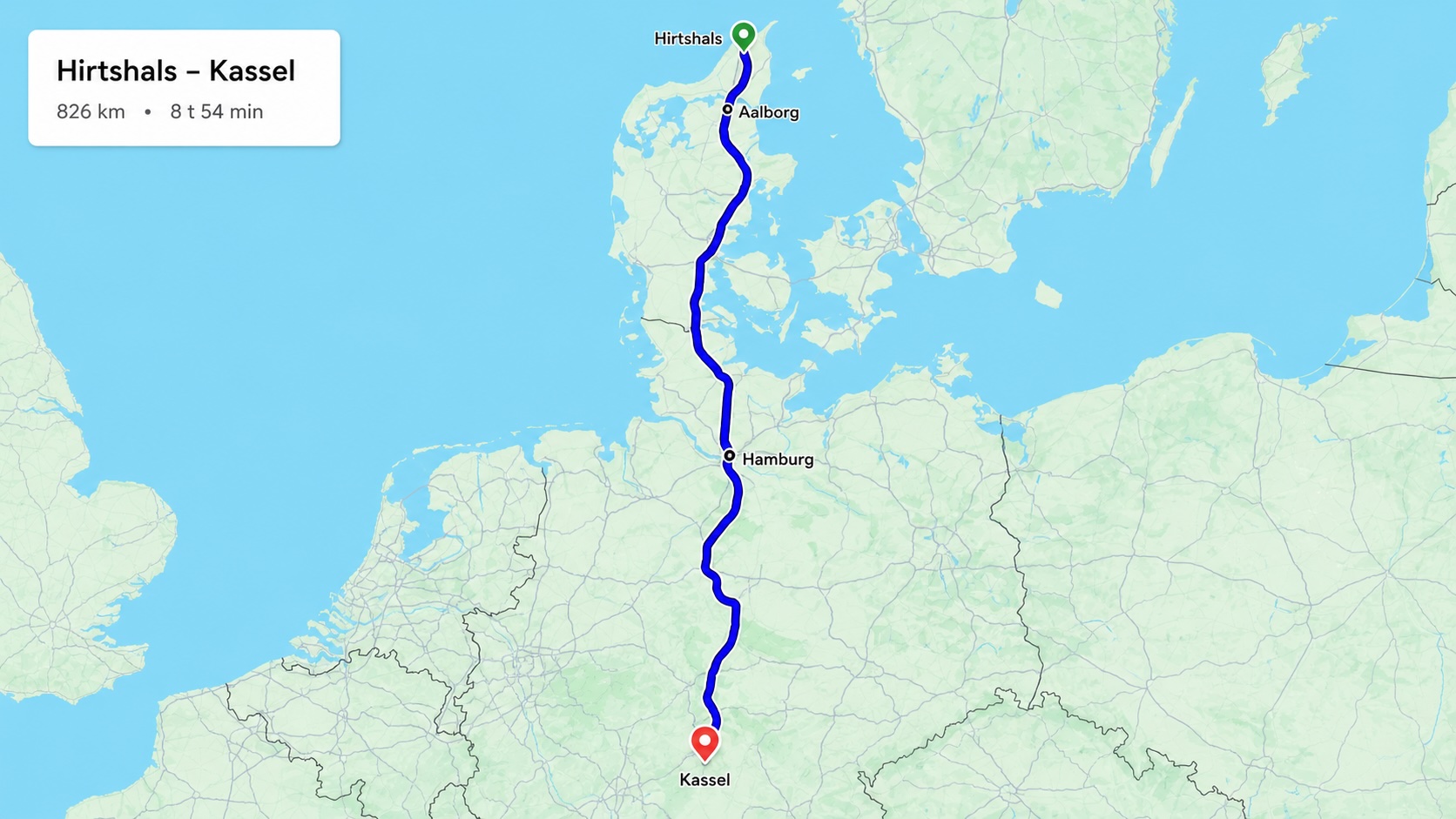 Kart dag 1 fra Hirtshals til Kassel