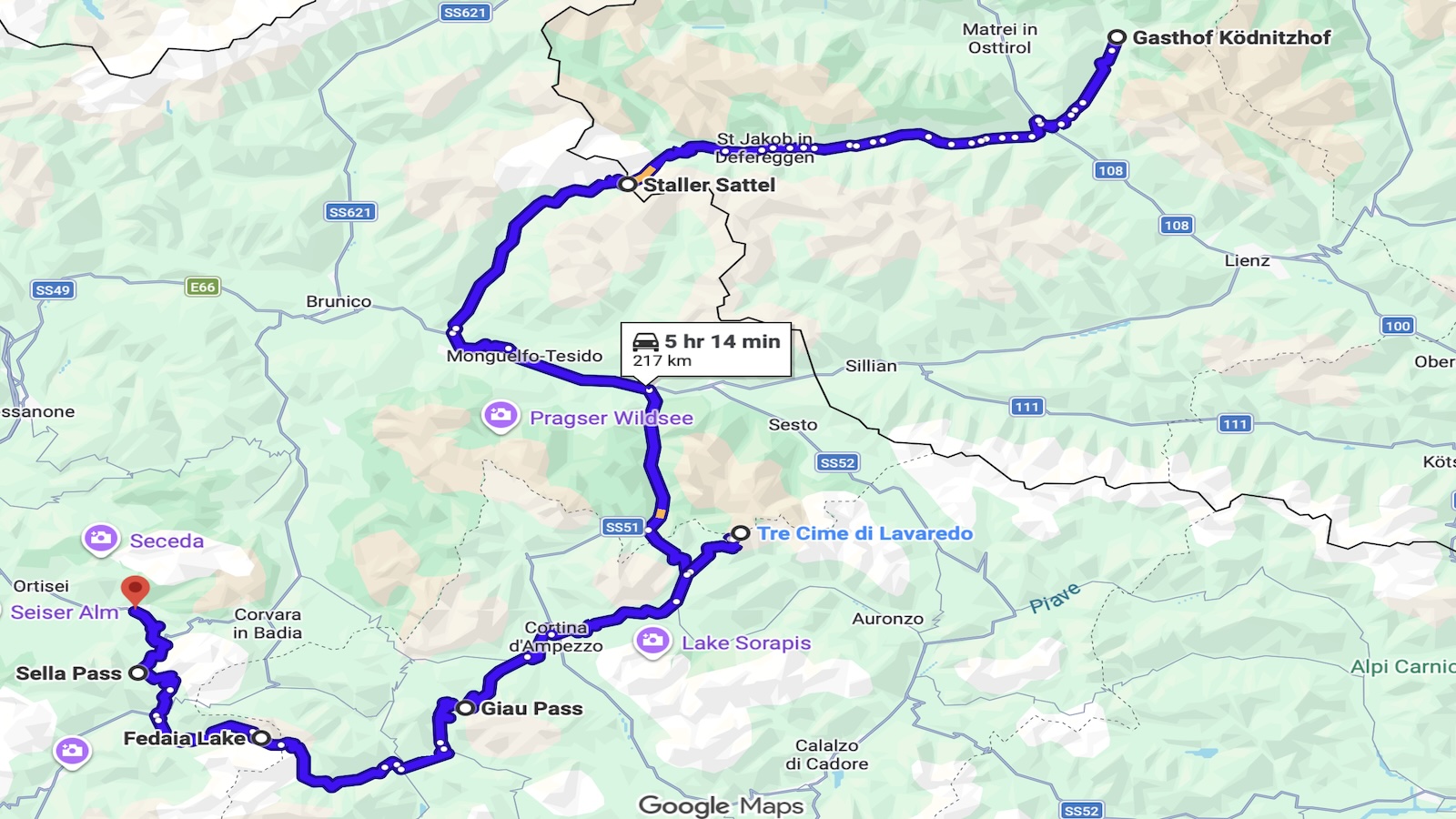 Kart over ruten fra Kals gjennom Dolomittene til Wolkenstein