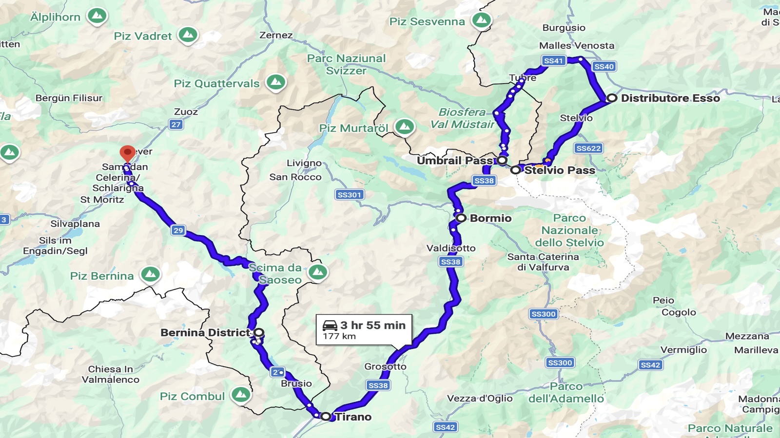 Kart over ruten fra Bormio via Stelvio, Umbrail og Bernina til Samedan